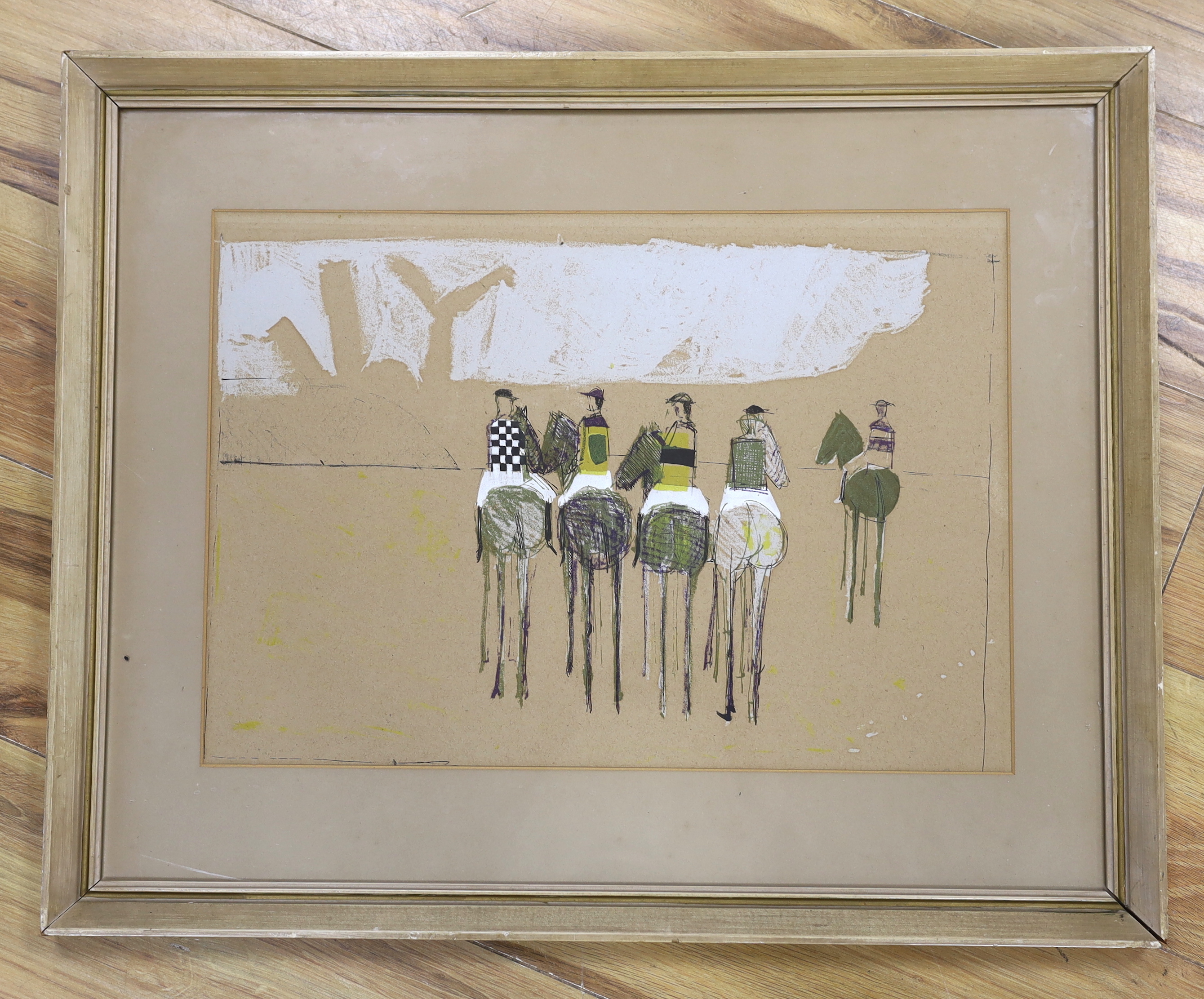 John Watson (20th. C), horseracing interest, ink and pastel, 'The Races', The Redfern Gallery Ltd., label verso, purchased by J B Priestley, 31st December 1952, 34 x 48cm